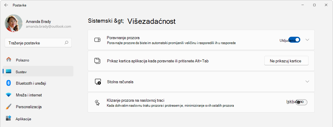 Snimka zaslona Postavke > sustava > višezadaćnosti.