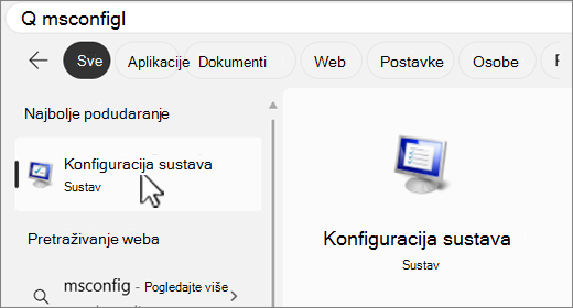 Pretraživanje servisa MSConfig.