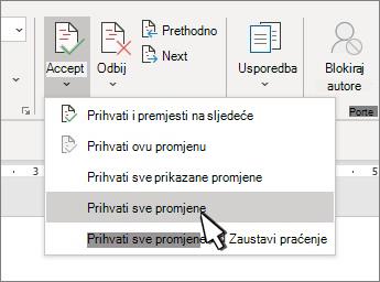 Padajući izbornik s mogućnošću Prihvati sve promjene u programu Word