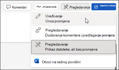 Promjena iz prikaza u prikazu za uređivanje u programu Word za web