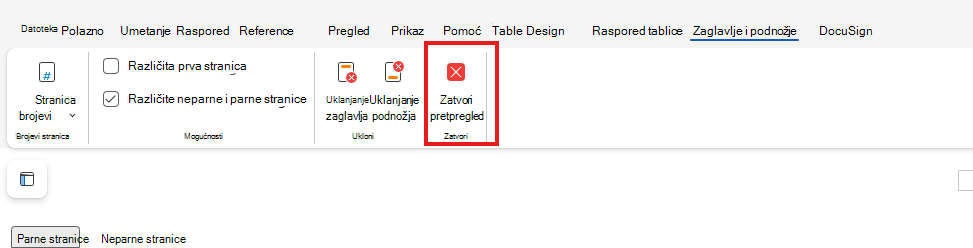 Zatvori pretpregled zaglavlja i podnožja na webu