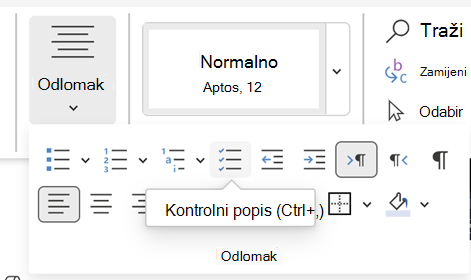 Umetanje kontrolnog popisa Word