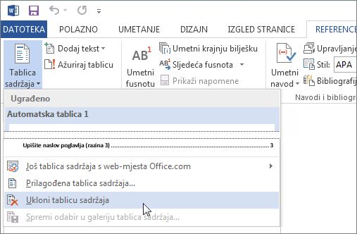 Uklanjanje tablice sadržaja