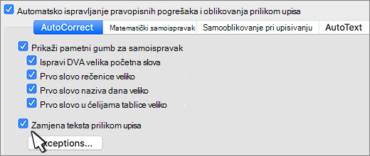 Potvrdni okvir zamjena teksta prilikom upisa u programu Word za mac.