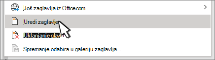 Odabrano zaglavlje u dijaloškom okviru Zaglavlje