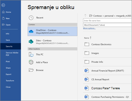 Spremanje datoteke programa Word u oblak