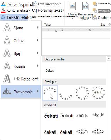 Odabir efekta zakrivljivanja teksta