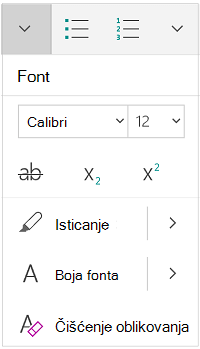 Izbornik Font u okomitom načinu rada