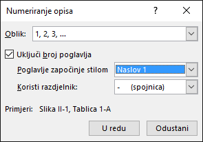Koristite dijaloški okvir za numeriranje opisa da biste u opise dodali brojeve poglavlja.