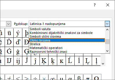 Odaberite oblike brojeva u dijaloškom okviru Podskup da biste prikazali razlomke i druge matematičke simbole