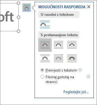 Kliknite mogućnosti izgleda da biste odabrali način prikaza teksta oko umetnute slike.