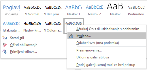 Da biste promijenili oblikovanje opisa, desnom tipkom miša kliknite stil Opis u galeriji Stilovi.