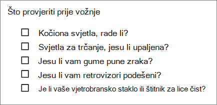 Primjer popisa s grafičkim oznakama s okvirima.