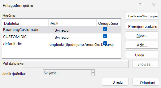 Dijaloški okvir Prilagođeni rječnik