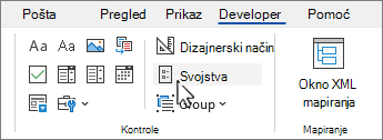 Kartica Programiranje s odabranim gumbom svojstva kontrole