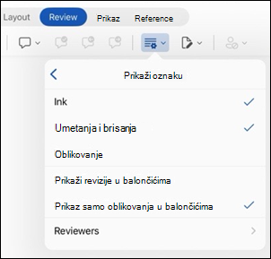 Prikaz mogućnosti oznaka u Word za iPad