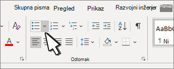 Istaknuta strelica prema dolje s grafičkim oznakama u grupi Odlomak.