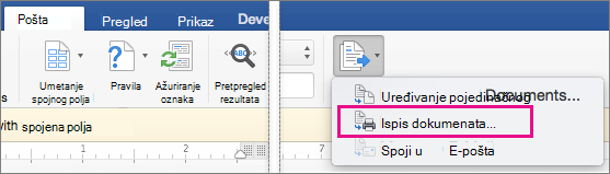Na kartici Skupna pisma istaknute su mogućnosti Završi & cirkularna pisma i mogućnost Ispis dokumenata