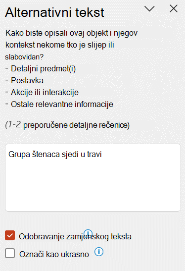 Automatski zamjenski tekst prikazan u oknu Zamjenski tekst s potvrđenim okvirom Odobri zamjenski tekst.