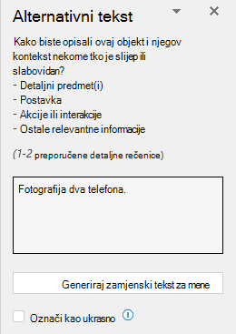 Okno sa zamjenskim tekstom u kojem je prikazan primjer neispravnog zamjenskog teksta.