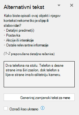 Okno za zamjenski tekst s prikazom primjera dobrog zamjenskog teksta.