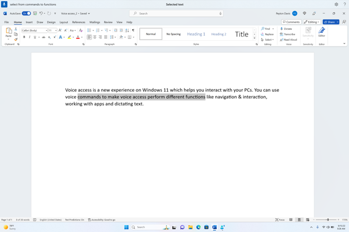 Odabir raspona teksta s pomoću glasovnog pristupa.