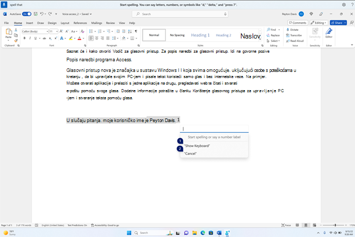 Prozor Provjera pravopisa pluta iznad aplikacije Word, sadrži prazan tekstni okvir i mogućnosti za prikaz tipkovnice ili otkazivanje pomoću oznaka s brojevima.