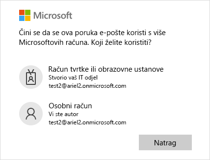 Zaslon za prijavu s dvije adrese e-pošte