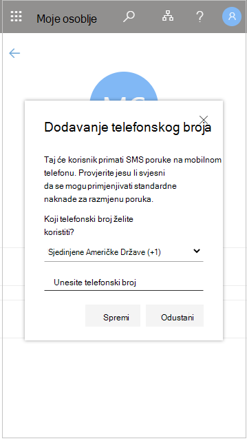 Dodavanje korisničkog telefonskog broja u odjeljku Moje osoblje