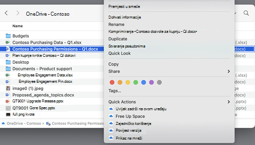 Prikazuje zaslon servisa OneDrive s otvorenim izbornikom.
