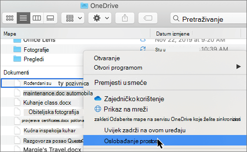 Snimka zaslona mogućnosti servisa datoteke na zahtjev na servisu OneDrive u Finderu na Macu