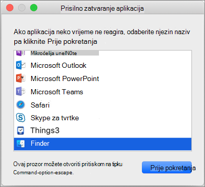 Snimka zaslona Findera u dijaloškom okviru Prisilno zatvaranje aplikacija na Macu