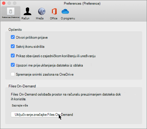 Snimka zaslona s preferencama u sustavu Mac za datoteke na zahtjev na servisu OneDrive