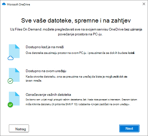 Zaslon Files on Demand u čarobnjaku Dobro došli u OneDrive