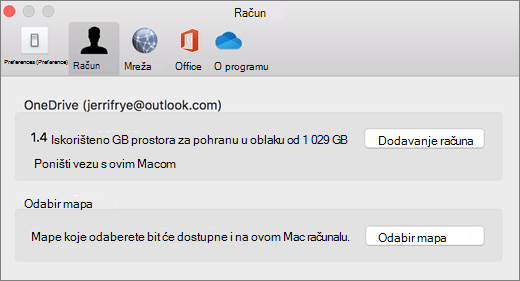 Snimka zaslona na kojoj se prikazuje dodavanje računa u preference servisa OneDrive na računalu Mac