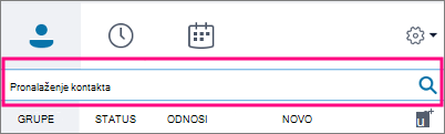 Kada je okvir za pretraživanje Skypea za tvrtke prazan, dostupne su kartice Grupe, Status, Odnosi i Novo.