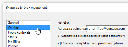 Prozor mogućnosti u programu Skype za tvrtke s odabranom karticom Osobno.