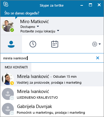Snimka zaslona na kojoj se prikazuje prozor programa Skype za tvrtke tijekom traženja kontakta za dodavanje.