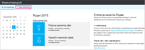 Nadzorna ploča sastanka s istaknutom mogućnošću Novi sastanak