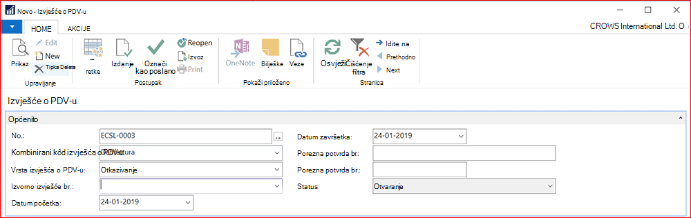 Snimka zaslona za novo izvješće o PDV-u