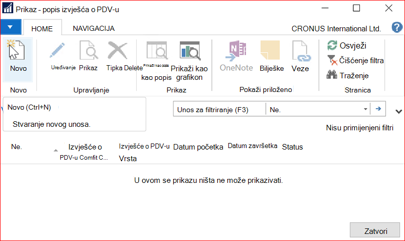 Snimka zaslona prozora Popis izvješća o PDV-u