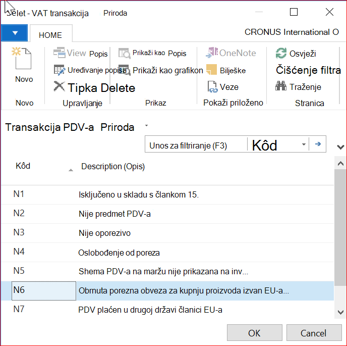 Snimka zaslona prozora Priroda transakcije PDV-a