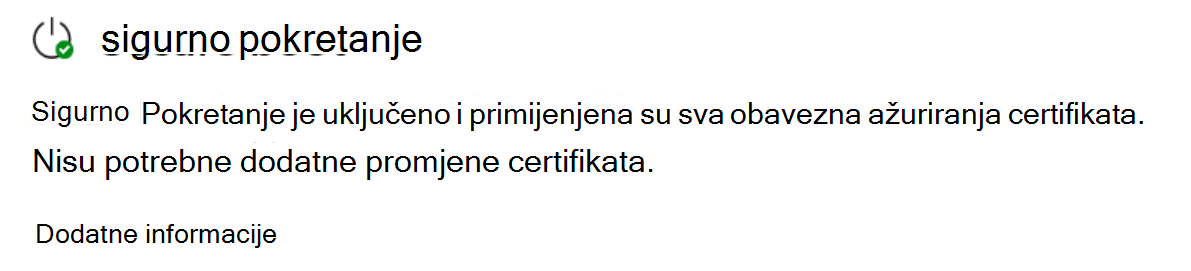 Odjeljak Sigurno pokretanje koji prikazuje status u potpunosti ažuriran sa zelenom ikonom kvačice.