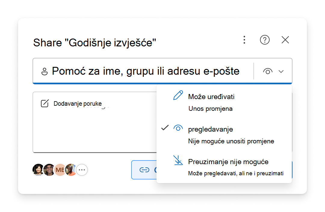 Izbornik s mogućnostima dozvola u okruženju zajedničkog korištenja