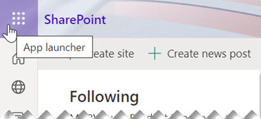 Simbol pokretača aplikacija sastoji se od devet malih kvadratnih točkica koje se nalaze blizu gornjeg desnog kuta prozora aplikacije sustava SharePoint.