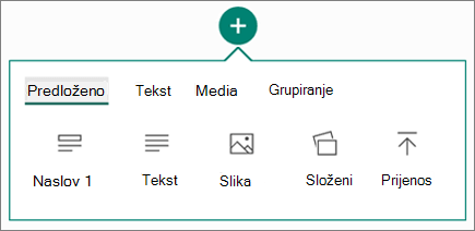 Snimka zaslona koja prikazuje mogućnost za umetanje sadržaja.