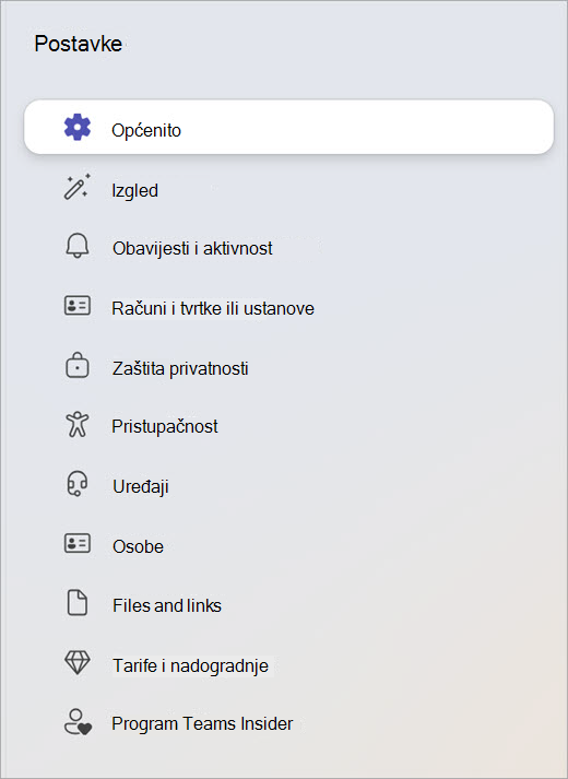 Snimka zaslona ploče s postavkama koja prikazuje kategorije kao što su Općenito, Privatnost i Uređaji.
