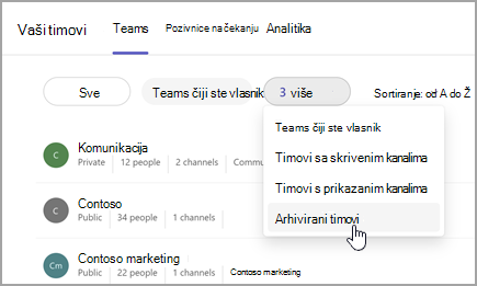 Snimka zaslona stranice Vaši timovi s mogućnošću prikaza arhiviranih timova. Odaberite padajući izbornik pokraj timova koje posjedujete kako biste odabrali arhivirane timove.
