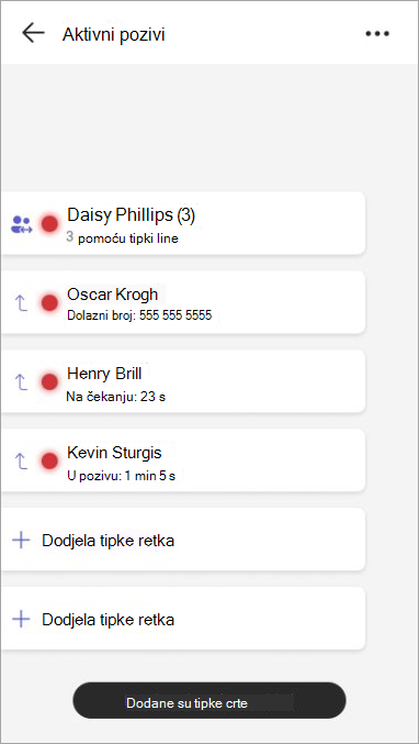 Snimka zaslona na kojoj se prikazuje zajednička linija dodijeljena tipki linije, članovi zajedničke linije i njihov status poziva.