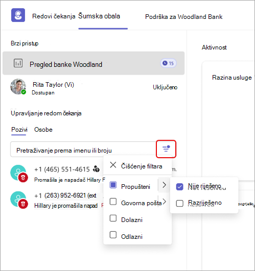 Snimka zaslona s prikazom pojedinosti o filtru poziva u aplikaciji Redovi čekanja.